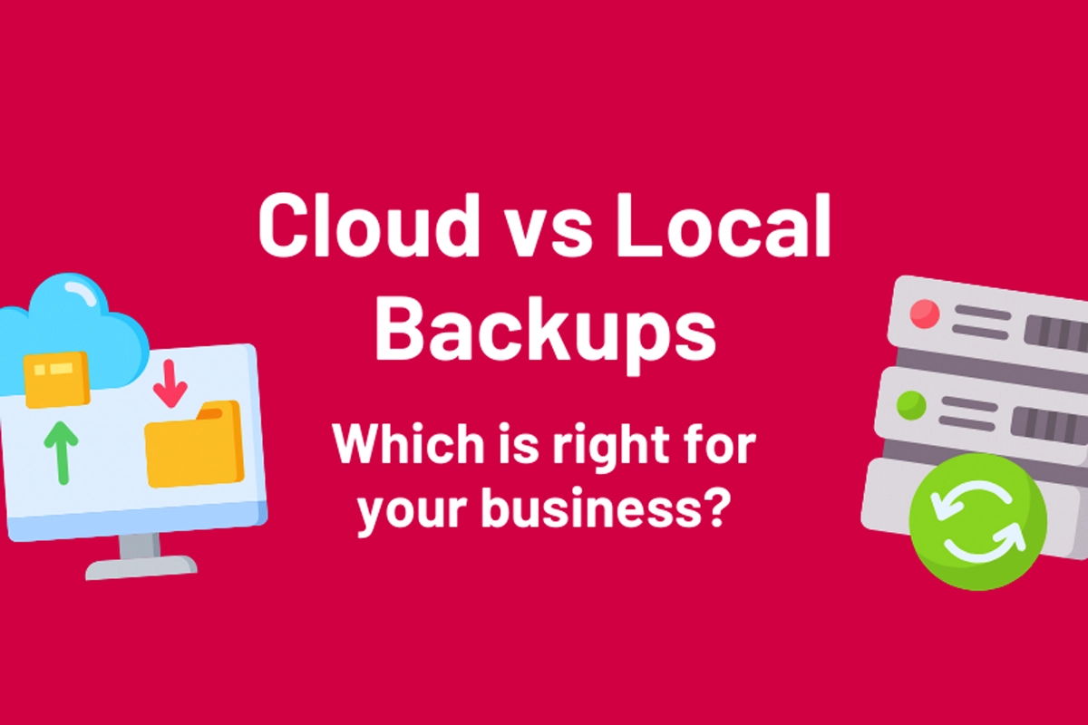 A business backup dashboard comparing cloud backup, local backup, ransomware protection, and recovery planning.
