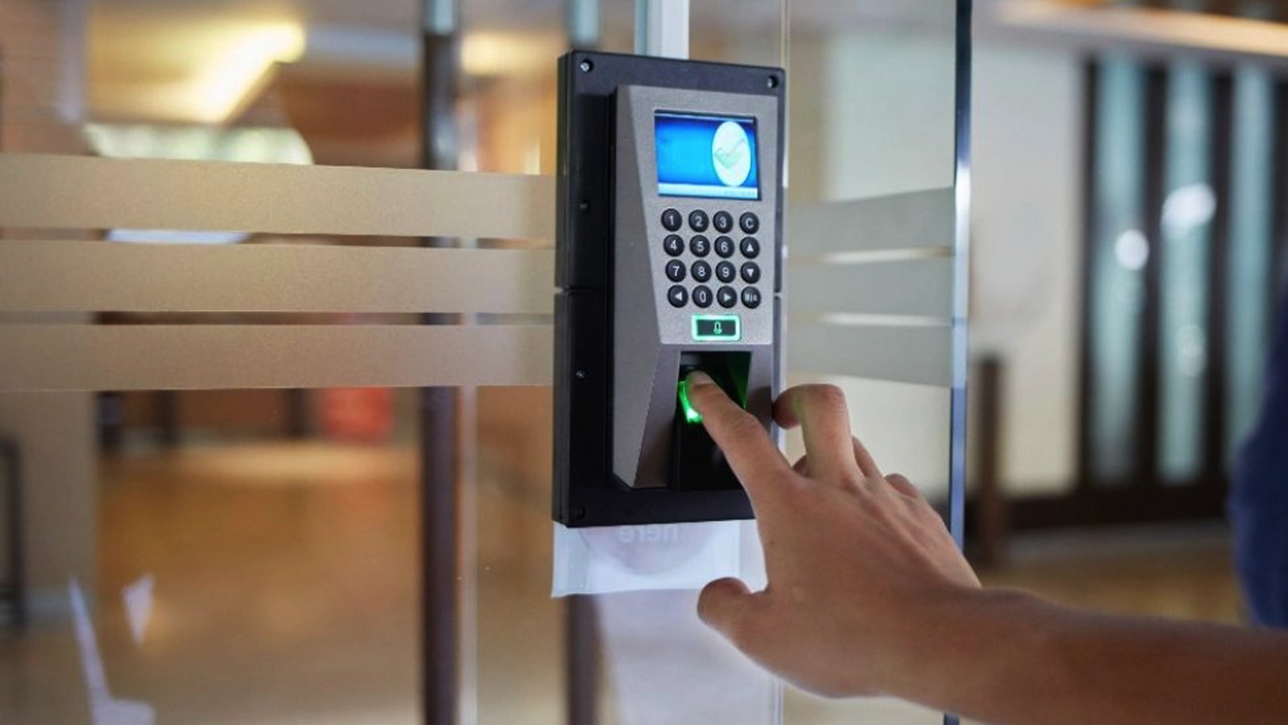 Commercial security system with access control doors, credential readers, cameras, and entry management.