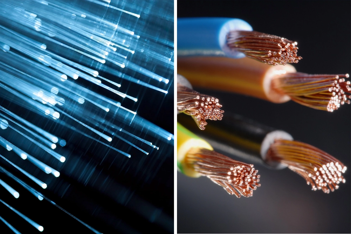 Structured business cabling infrastructure representing fiber optic and copper network connections.