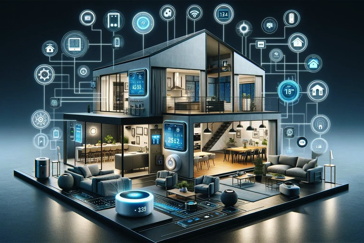 A split view comparing home automation controls with smart office automation systems.