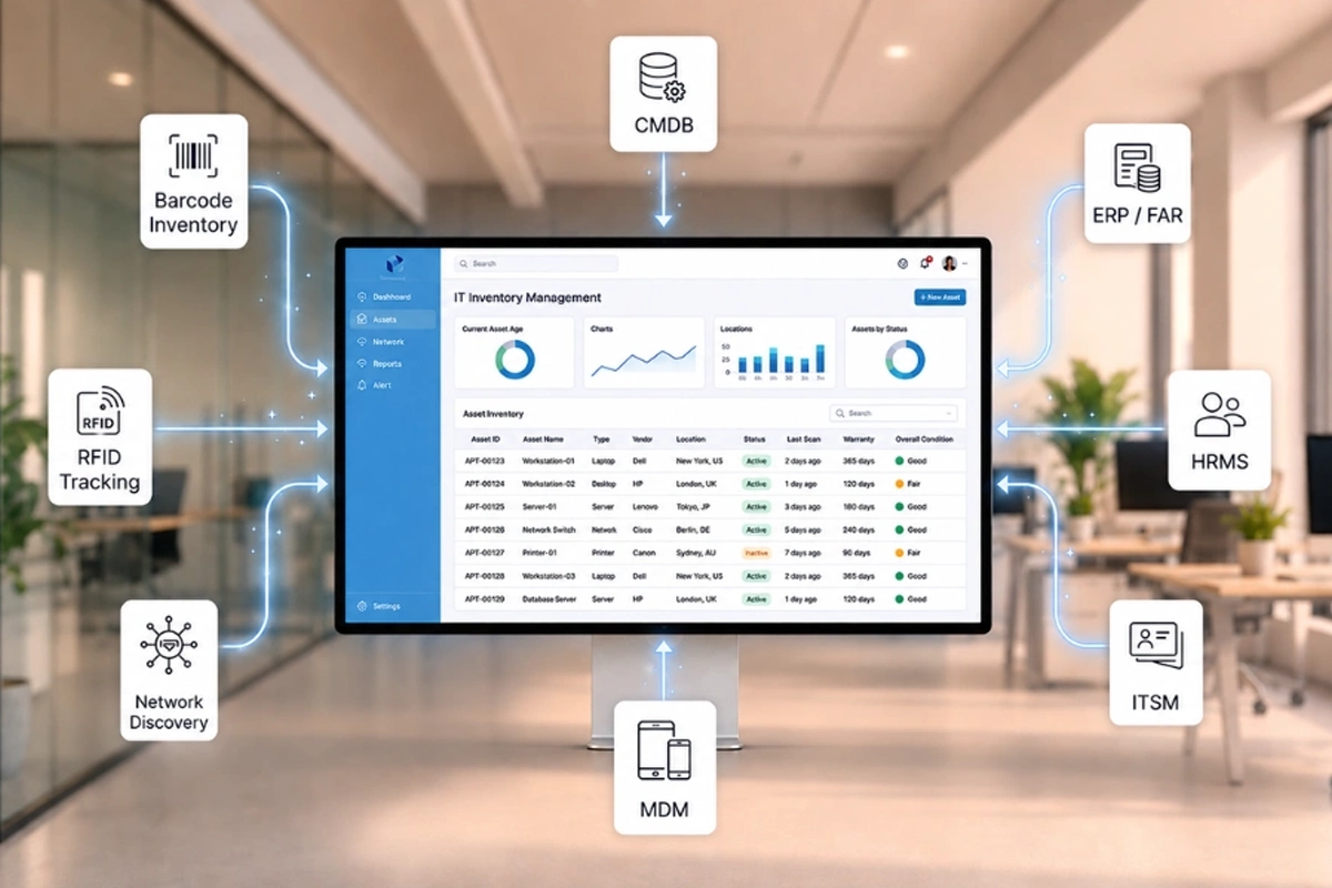 Business computers, servers, and connected devices representing a practical small-business IT asset inventory.