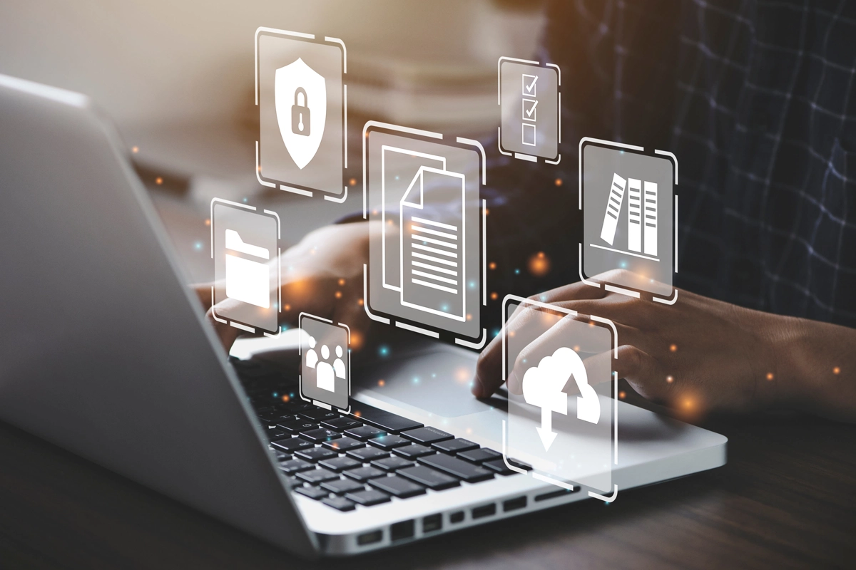 Business computers and user accounts prepared for secure employee IT onboarding and first-day access.