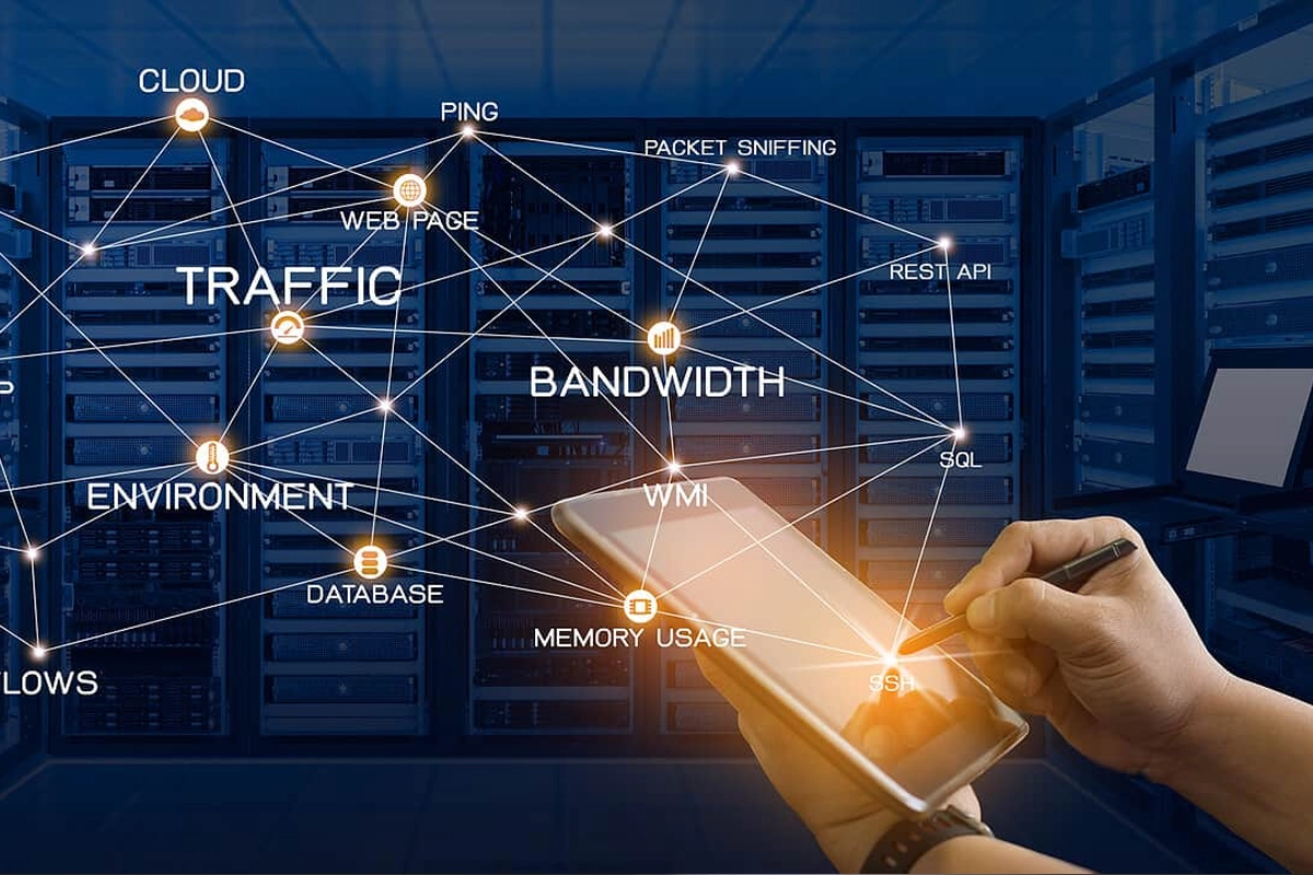 Business network infrastructure representing monitoring of internet links, switches, Wi-Fi, devices, performance, and alerts.