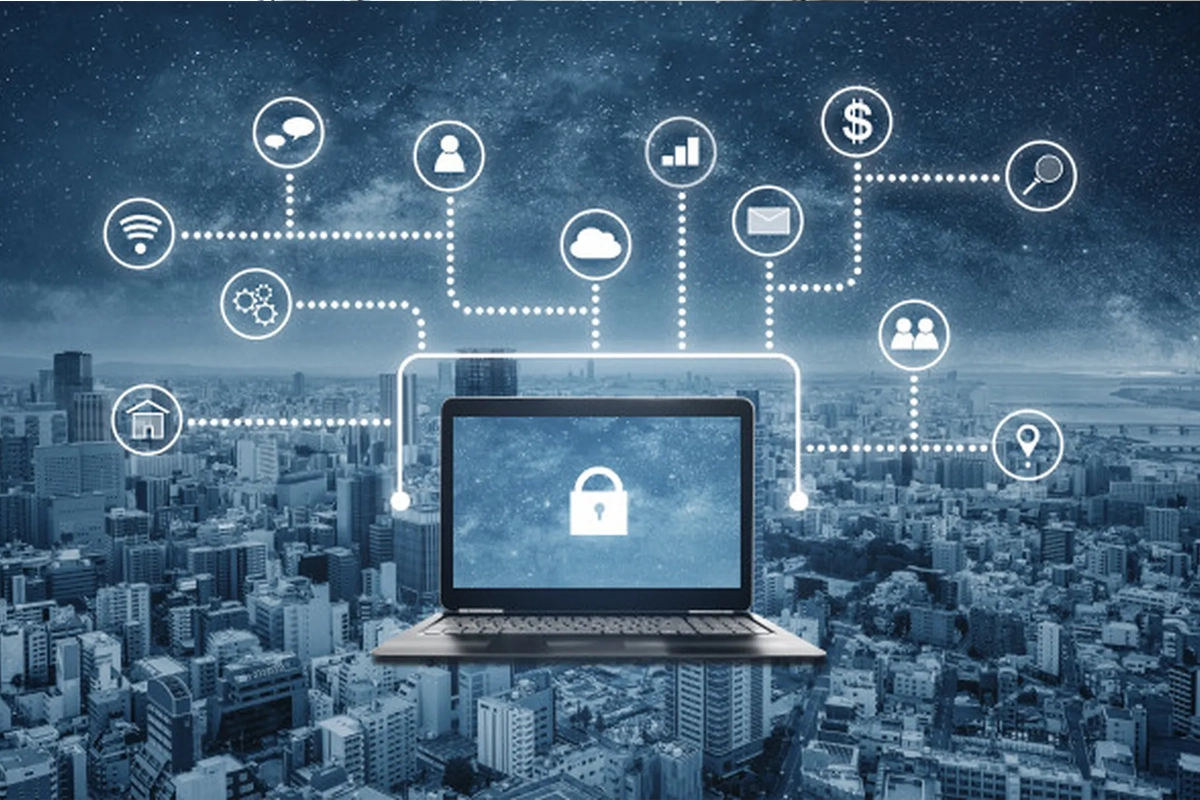 Business network and security assessment environment representing connected devices, access points, infrastructure, and security review.