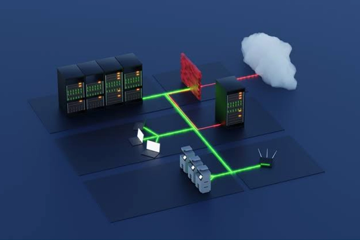 Business network security assessment representing segmented networks and controlled access between devices.