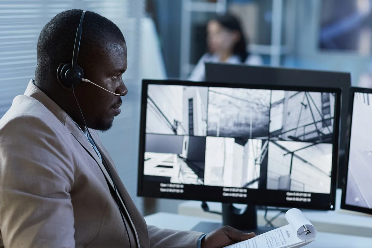 Commercial property security assessment representing entrances, cameras, access points, alarms, and connected security systems.