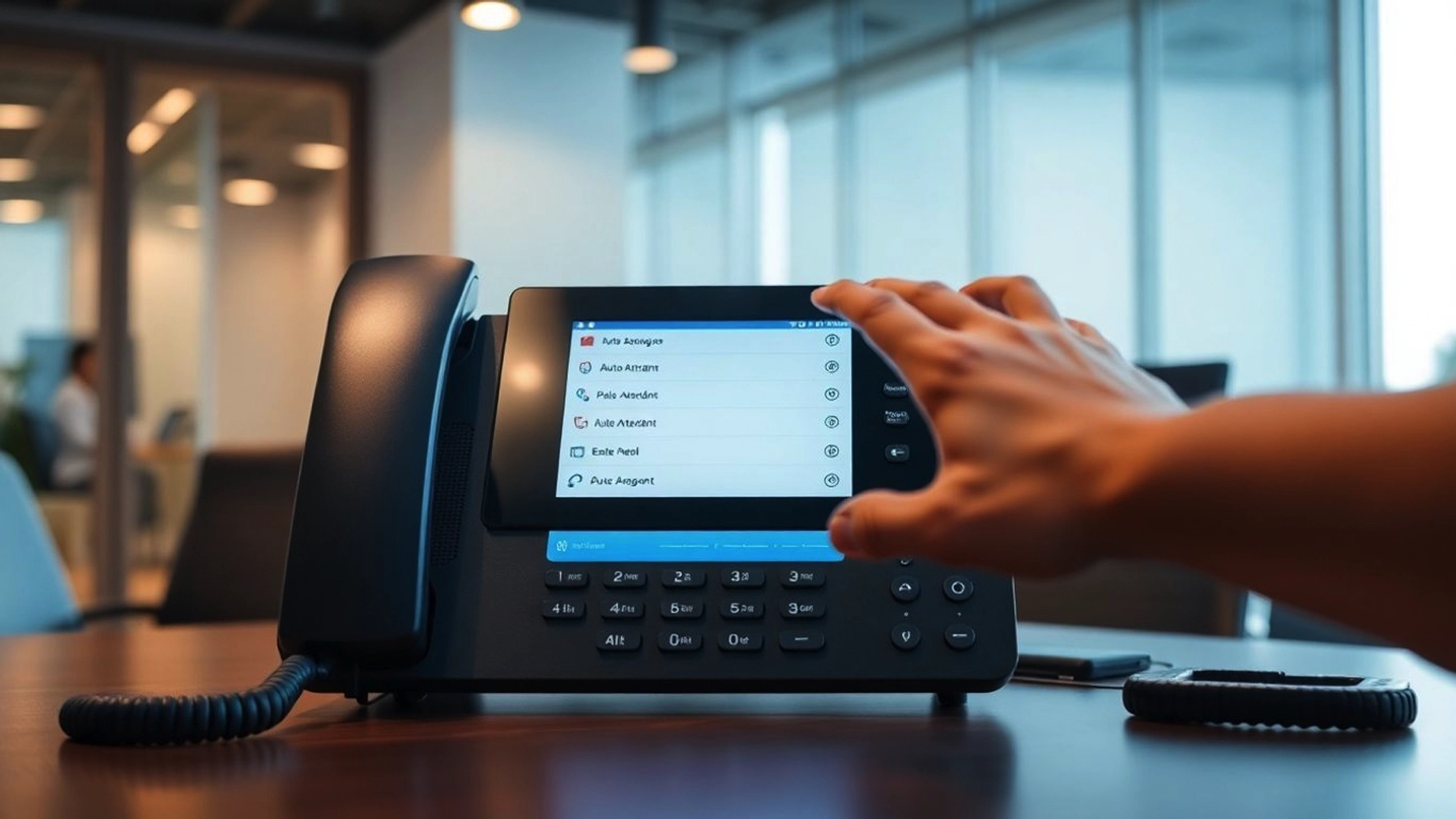 Business VoIP phone system representing auto attendant menus, call routing, queues, and customer communication.