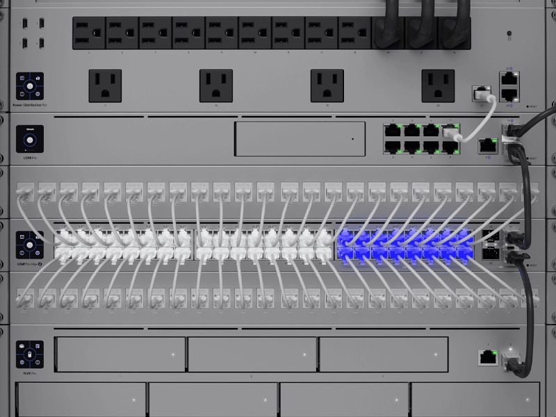 A modern business network dashboard showing UniFi access points, switches, cameras, gateways, and connected devices.
