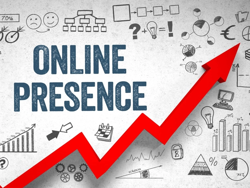 A modern business team reviewing website analytics, SEO performance, social media content, and digital marketing dashboards.