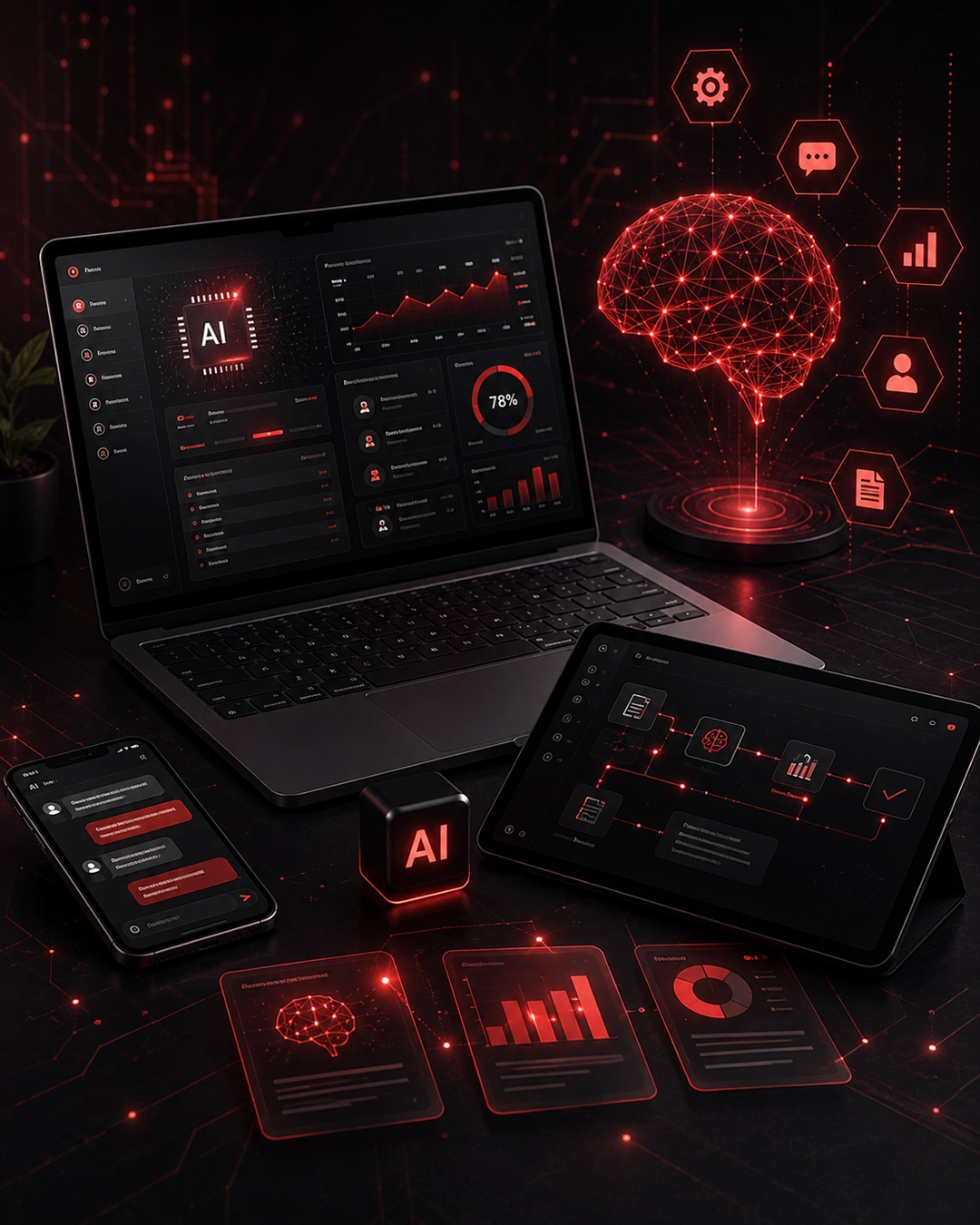 A modern AI business dashboard with workflow automation, reports, content, and customer support systems connected together.