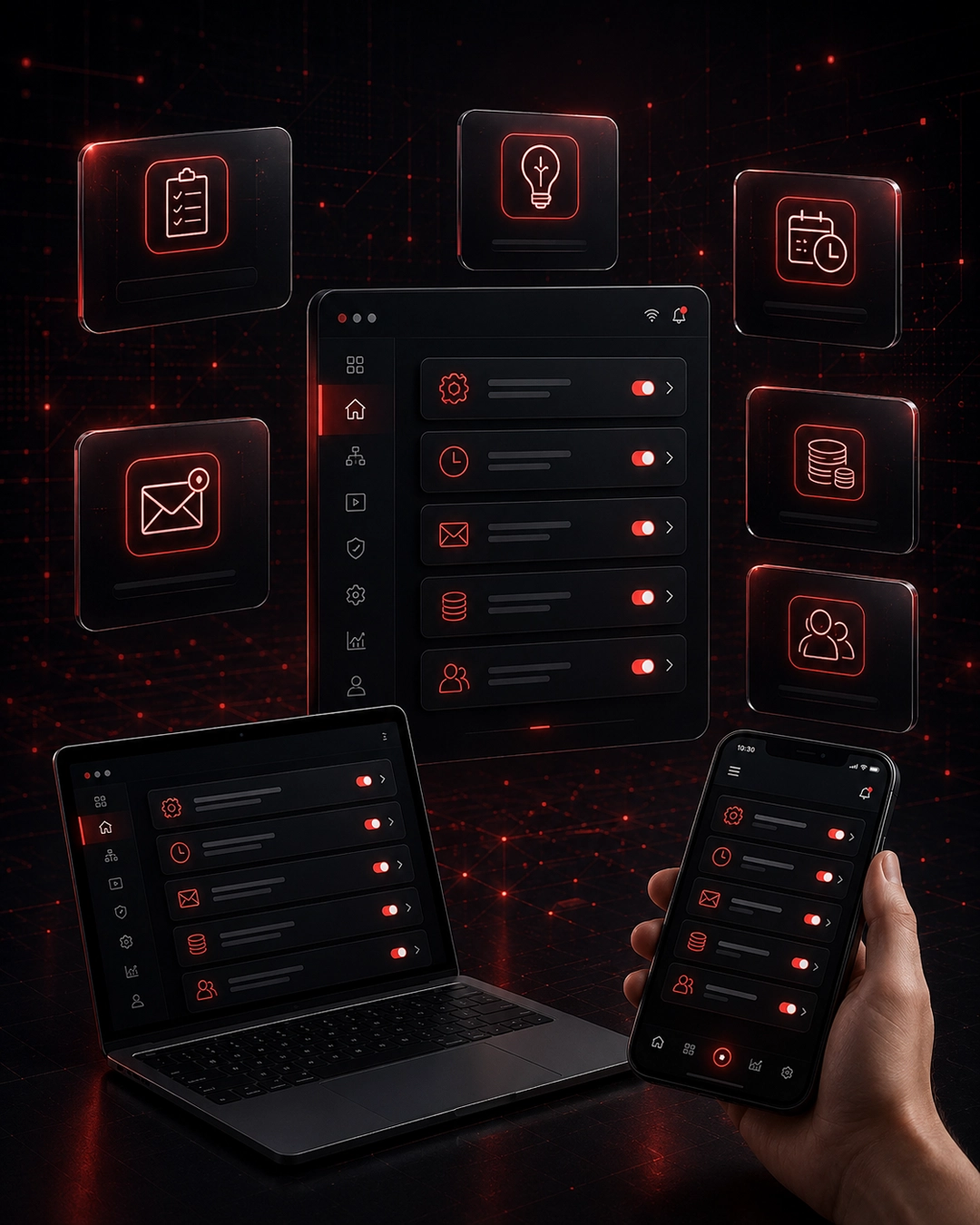 A connected automation system with smart home controls, lighting, audio video equipment, sensors, and office automation devices.