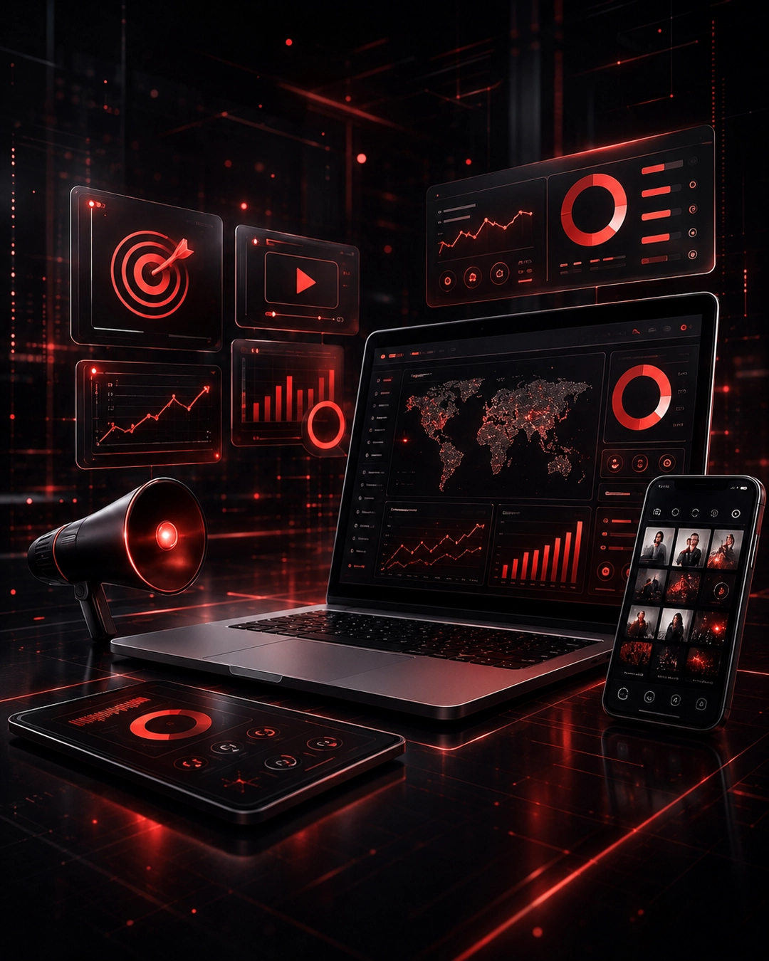 A modern digital marketing workspace with analytics dashboards, website design panels, social media content cards, and campaign performance visuals.