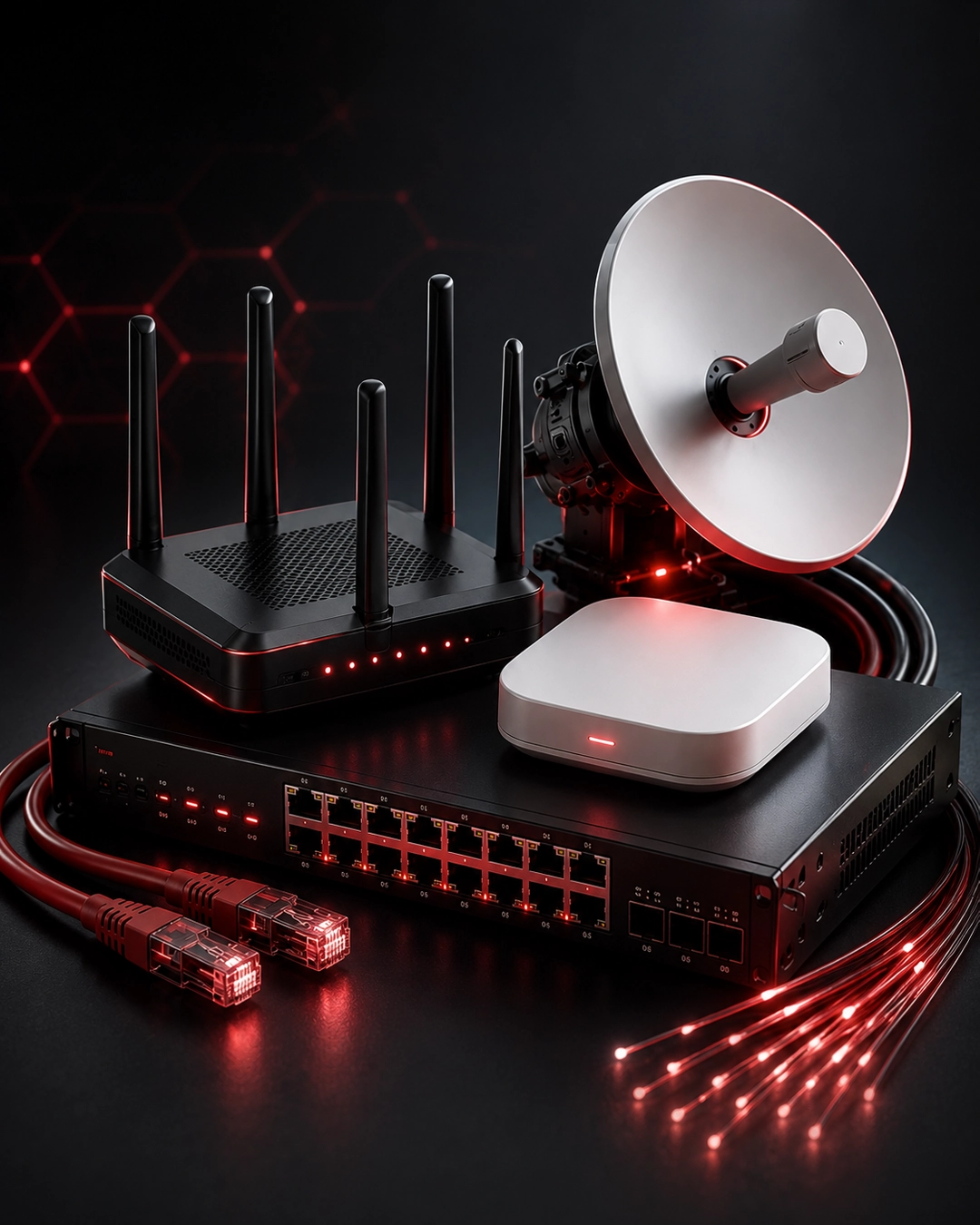 A connected networking system with radio control equipment, structured cabling, wireless access points, routers, switches, and business connectivity infrastructure.