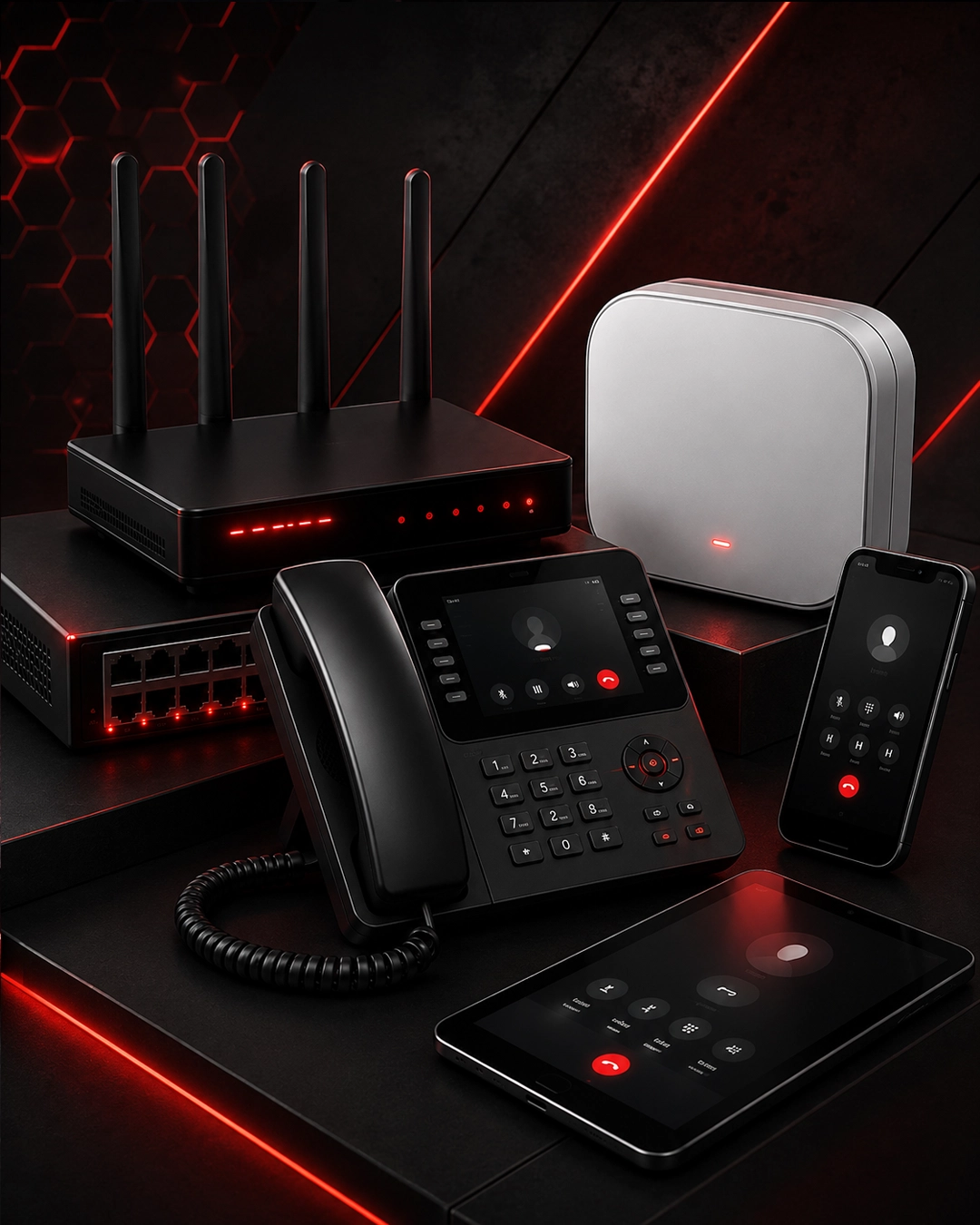 Business telecommunications system with VoIP phones, WiFi, computers, servers, and connected communication tools.