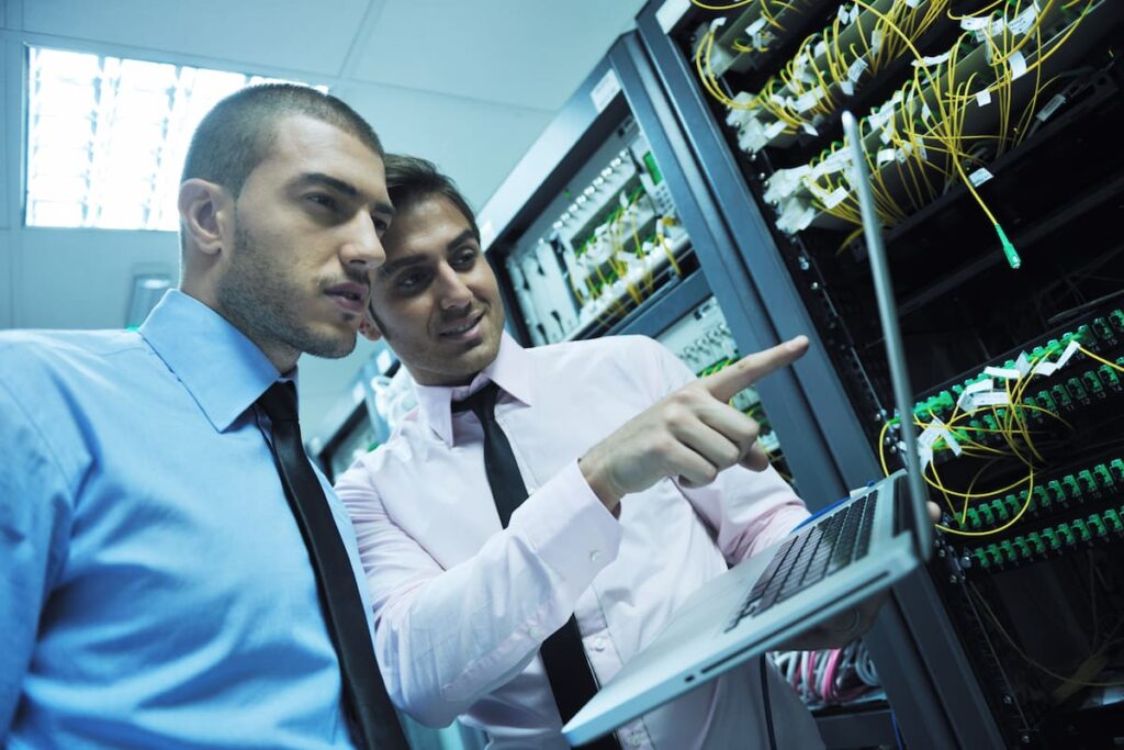two people checking the information